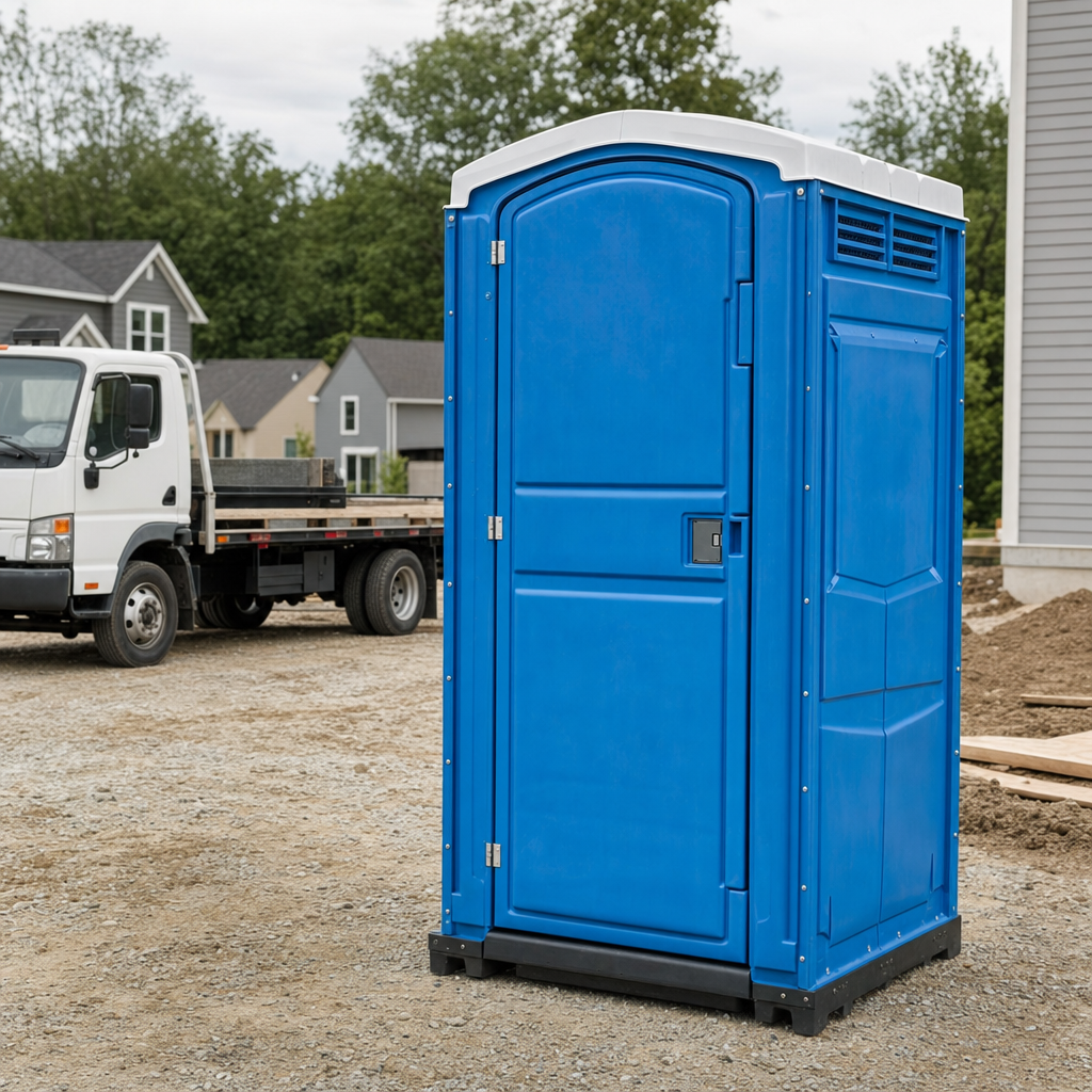 Delivery driver positioning a clean royal-blue portable toilet on level ground at a Omaha worksite