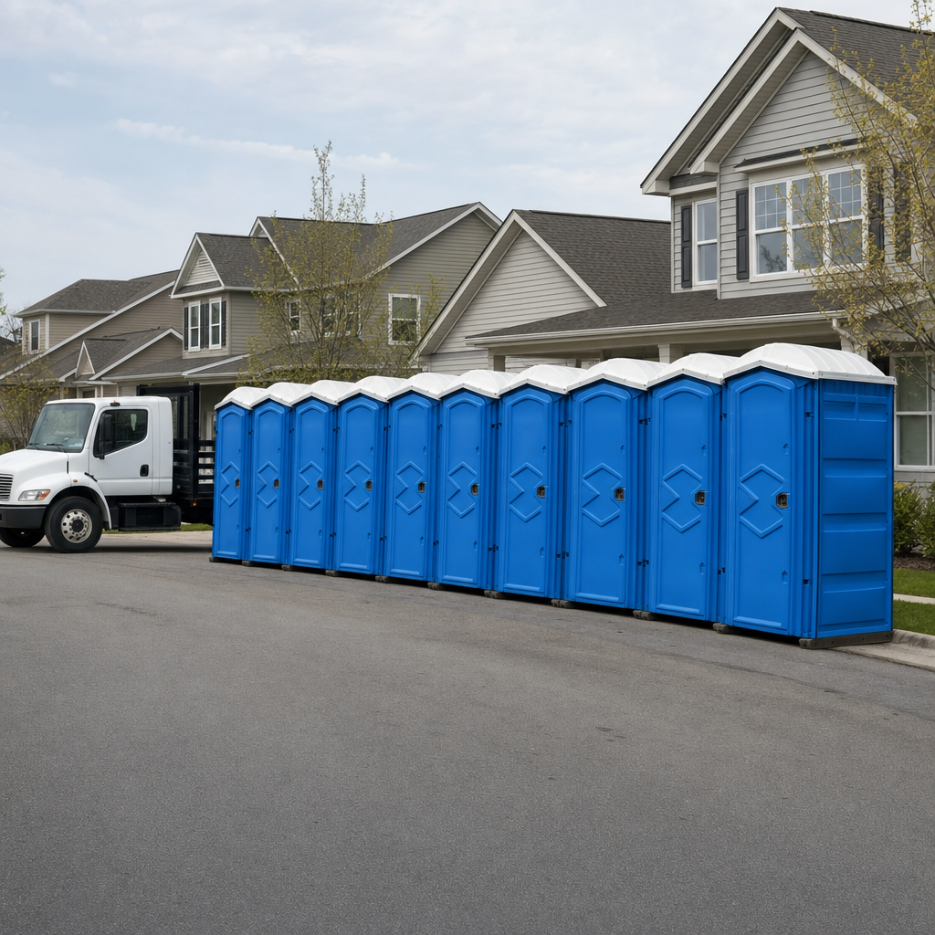 Royal blue portable toilets staged in a tidy row at a Omaha jobsite, ready for delivery